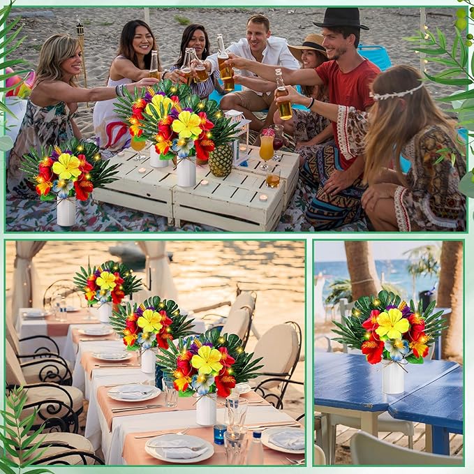XunYee 6 Sets Hawaiian Party Table Centerpiece Decorations, Tropical Artificial Hibiscus Flowers with LED String Lights, Palm Leaves and Metal Vases for Luau, Tiki, BBQ Summer Beach Party Table Decor