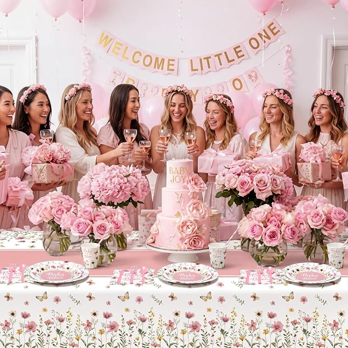 LemonRoad 452 Pcs Pink Baby in Bloom Decoration for 50, Floral Girl Baby Shower Paper Plates Napkins Cups Tablecloth Cutlery Straws Disposable Tableware for Spring Wildflower Babys Shower Party Supply
