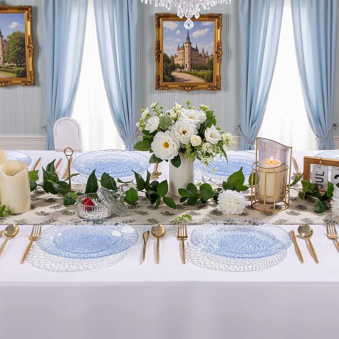 Rubtlamp 100 Pcs Blue Plastic Plates,Heavy Duty plastic Plates,Fancy Blue Disposable Plates, Hammered Plastic plates Include 50 Pcs Dessert Platos, 50 Pcs Dinner Platos for Party
