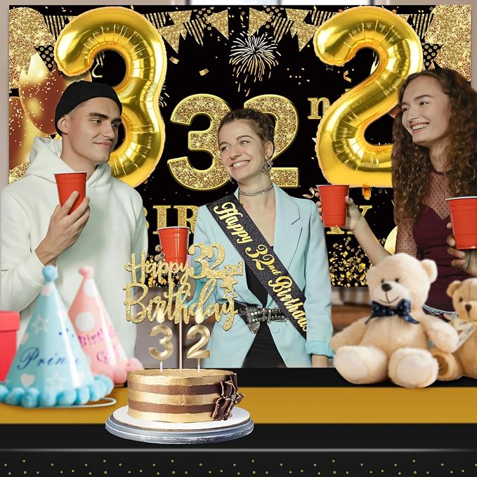 32nd Birthday Decorations Men Women with 32nd Birthday Banner, Black and Gold Table Cloth, Number Balloons, Large Sash, Cake Topper and Candles