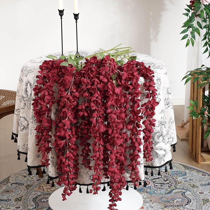 mizii 6Pcs Burgundy Wisteria Hanging Flowers 48" Silk Wisteria Artificial Flowers Garland Vines Fake Hanging Flower Decoration for Wedding Wall Backdrop Centerpieces Party Room Decor (Burgundy Red)