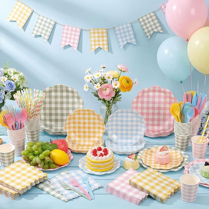 450 Pcs Gingham Tableware Set Decorations Pastel Plaid Paper Plates Napkins Cups Cutlery Straws Checkered Dinnerware Set for Baby Shower BBQ Picnic Birthday Party Supplies, Serves 50