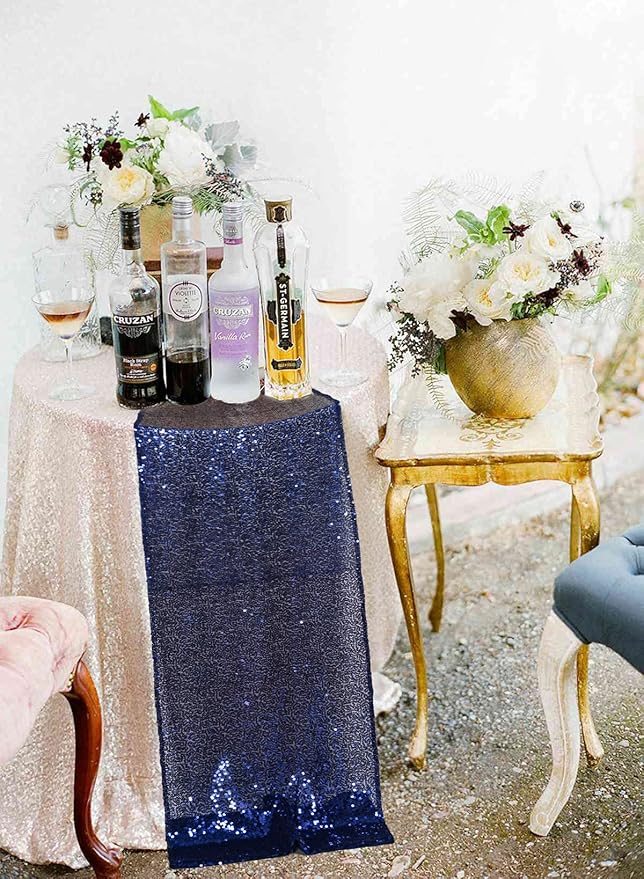 ShinyBeauty 2 Pack Navy Blue Sequin Table Runners | 12in x 108in Elegant Dining Table Runner | Perfect for Round Tables | Fall & Christmas Theme | Durable & Sparkly Tablecloth Accessory