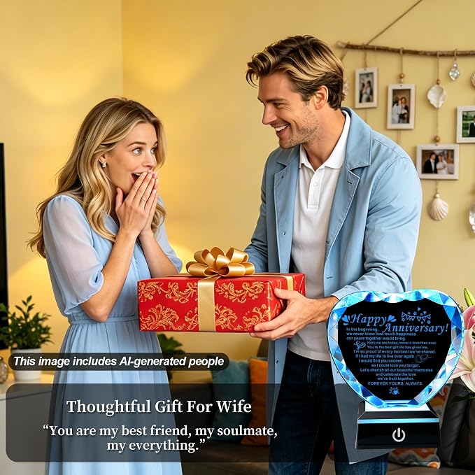 Wedding Anniversary Crystal Heart Gifts, Happy Anniversary Marriage Gifts for Wife Husband Him Her Men Women with LED Base Romantic Presents for Girlfriend Boyfriend