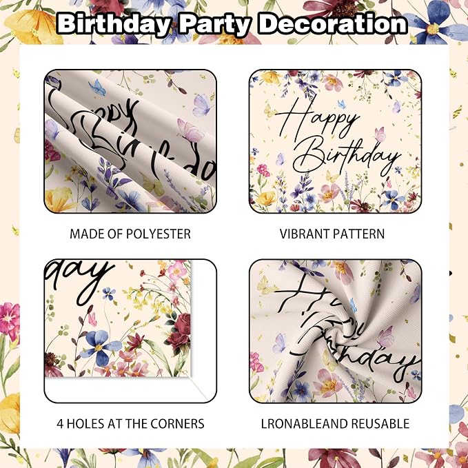Wildflower Birthday Decorations for Women Girls, Sage Green Dusty Pink Balloon Arch Garland Kit with Floral Happy Birthday Backdrop, 12 Cupcake Toppers, Boho Spring Garden Party Supplies