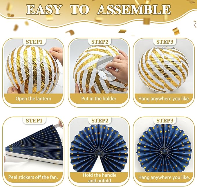 ADLKGG Navy Blue and Gold Party Decorations, 14 Pcs Hanging Paper Fans, Lanterns, Pom Poms, Elegant Backdrop for Class of 2026 Graduation, Nautical Baby Shower, Bachelorette, Men Birthday