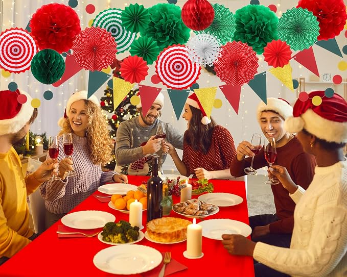 Fullhawl 27 Pcs Mexican Party Decoration, 6 Pack Disposable Tablecloth 21 Pcs Hanging Paper Fans, Pom Poms Flowers, Garland String Polka Dot and Triangle Flag Set for Birthday, Wedding, Carnival