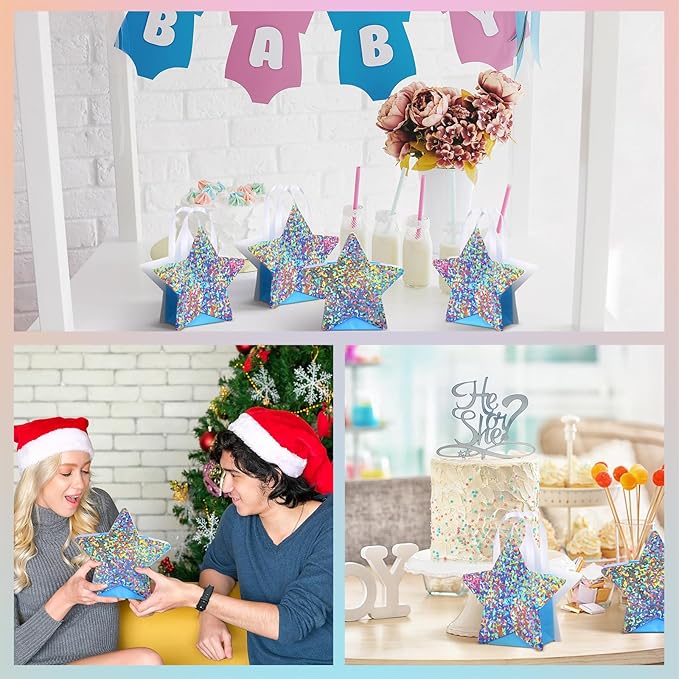 Sweetude 1 Pcs Star Shaped Party Favor Bags with Handle Mini Iridescent Paper Gift Goodie Bags for Holiday Wedding Birthday Party Supplies (Chic Style)