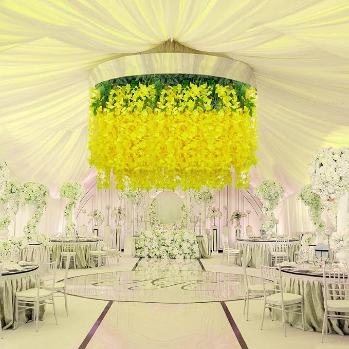 12 Pack Yellow Wisteria Hanging Flowers, 3.44 Ft Fake Hanging Flowers, Artificial Wisteria Garland Vines for Wedding Room Backdrop Outdoor Patio Garden Decoration