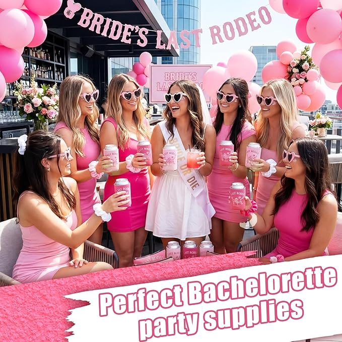 Sawysine 28 Pcs/7 Set Last Rodeo Pink Bachelorette Party Supplies for Nashville Western Cowgirl Bachelorette Bridal Shower Party Decor Bridesmaid Favors with Can Sleeve Makeup Bag Scrunchie Sunglass