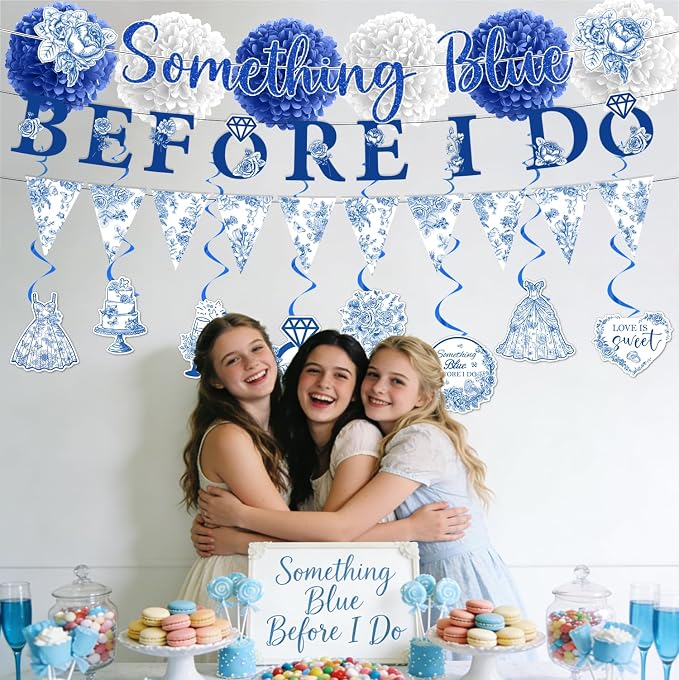 Rakuto Something Blue Before I Marry Bridal Shower Decorations, Something Blue Before I Say I Do Banners Hanging Swirls and Paper Pom Poms, Bachelorette Party Decorations