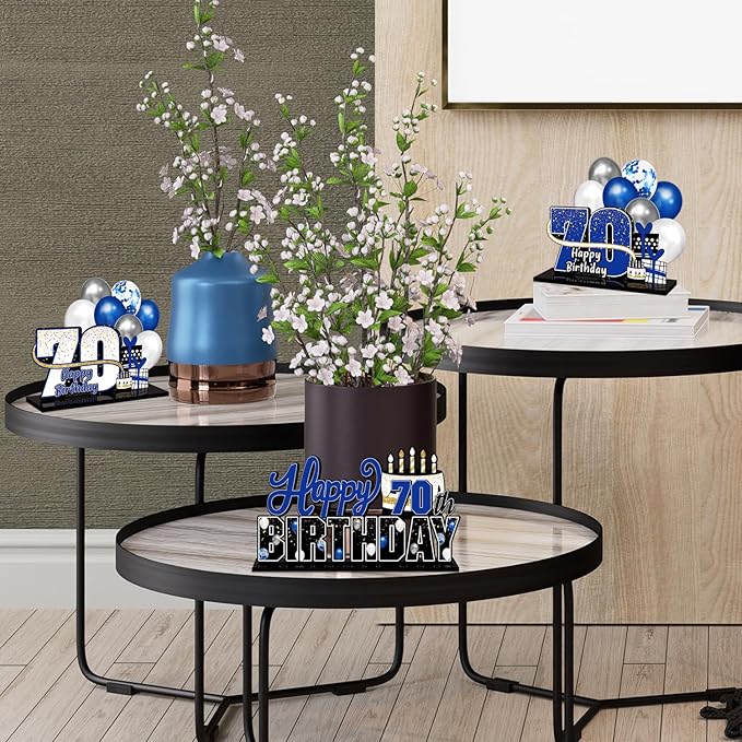 LINGTEER Happy 70th Birthday Blue Acrylic Table Topper Centerpieces Set - Cheers to Seventy Years Old Birthday 70th Bday Party Gift Decorations.
