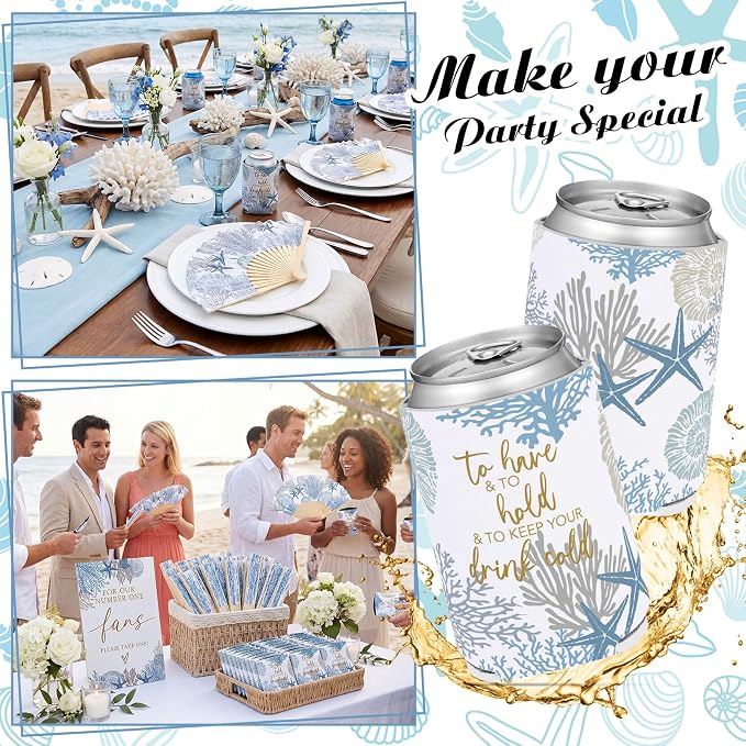 Hoteam 25 Sets Ocean Wedding Party Favors for Guests Bulk Including Blue Can Cooler and Paper Folding Fans with Wedding Decor Table Sign Cheers to Love for Bridal Shower Party Souvenir