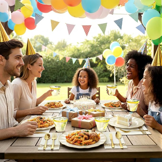 Glowserve 175 Piece Disposable Plastic Plates Dinnerware Set for 25 Guests | 50 Plastic Plates,25 Silverware Set,25 Cups and Napkins,Party Wedding Birthday,Family Gathering,Fancy Plastic Plates