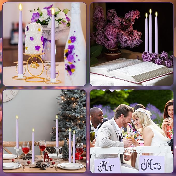 Macarrie 24 Packs Flameless Taper Candles Battery Operated Fake 11 Inch Long Candlelight LED Flameless Candlesticks Flickering Tapered for Summer Fall Wedding(Lavender Purple)