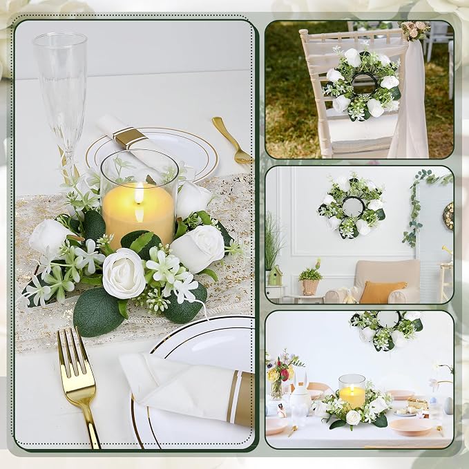 12 PCS Artificial Roses Rings - 3 Inch Roses Flower Wreaths with LED Candles Eucalyptus Pillar Holder Wreath for Wedding Table Centerpiece Home Decorations, White, 6 Sets