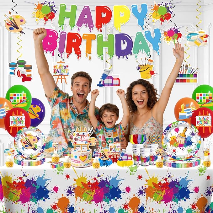 354pcs Paint Party Decorations for Kids and Art Lovers, Convenient Disposable Paper Tableware Set Includes 350gsm Plates and 2 PE Plastic Tablecloths for Paint Party and Celebration