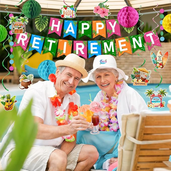 Luau Hawaiian Retirement Party Decorations for Men Women Tropical Happy Retirement Banner Honeycomb Balls Hanging Swirl Circle Dots Garland Beach Summer Retirement Party Supplies