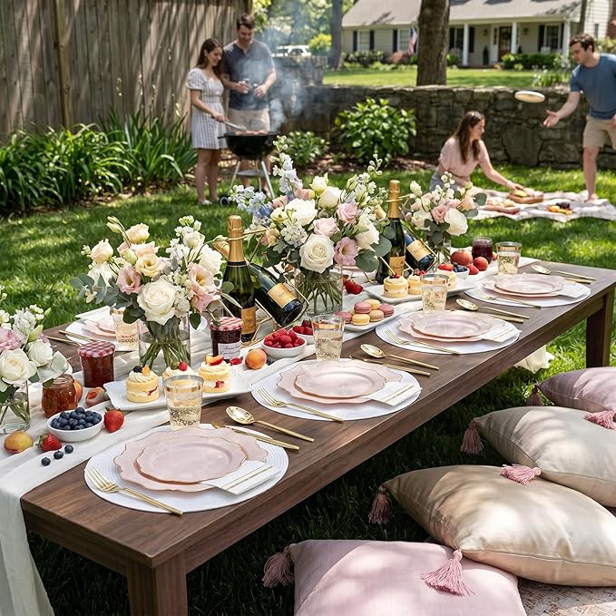 WDF 350Pcs Pink Plastic Plates - Pink and Gold Disposable Plates 50Guest Plastic Dinnerware for Baby Shower/Birthday/Wedding/Spring/Mother's Day