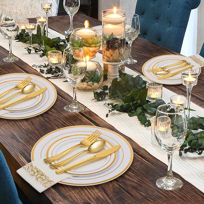 Goodluck 175 Pieces Gold Dinnerware Set for 25 Guests, Plastic Plates Disposable for Party, Include: 25 Dinner Plates, 25 Dessert Plates, 25 Paper Napkins, 25 Cups, 25 Gold Silverware Set
