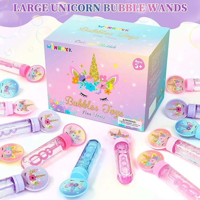 Winrayk 24 Large Unicorn Bubble Wands with Gift Box, Kids Unicorn Party Favors - Pastel Bubbles Bulk (6 Style & 3 Color), Pinata Filler Goodie Bag Stuffer Carnival Prize Summer Girls Birthday Supplies