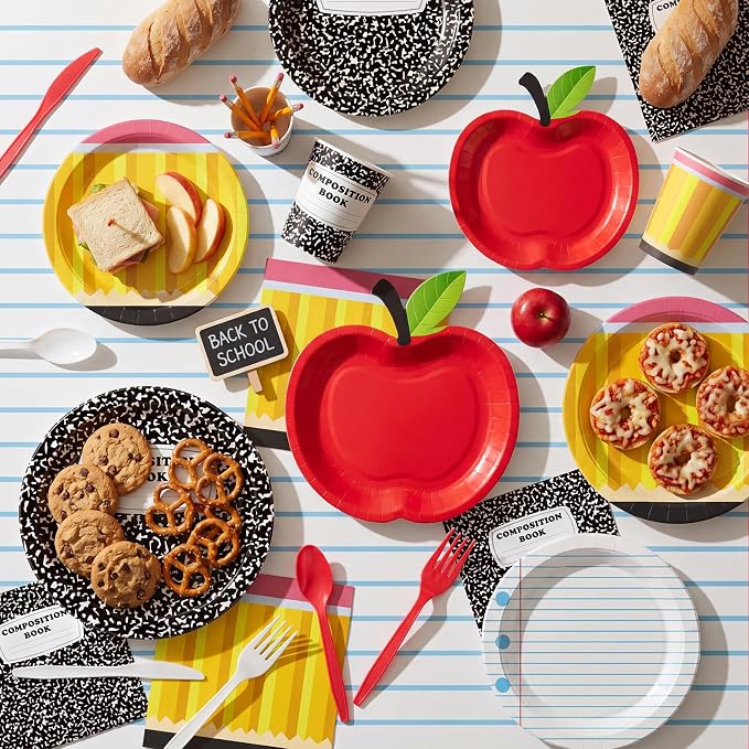 Ceenna 390 Pcs Back to School Party Supplies for 48, Red Apple Plates Napkins Cups Tablecloth Cutlery Composition Notebook Disposable Tableware Set for First Day of School Decoration