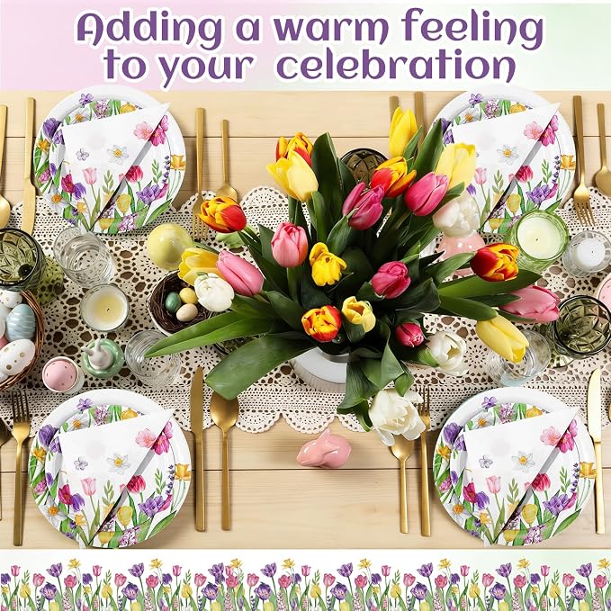 Funnymoom 250 Pcs Tulip Floral Paper Plates and Napkins Spring Party Supplies Flower Disposable Tableware Set for Tulip Easter Spring Wedding Bridal Baby Shower Birthday Tea Party Decoration
