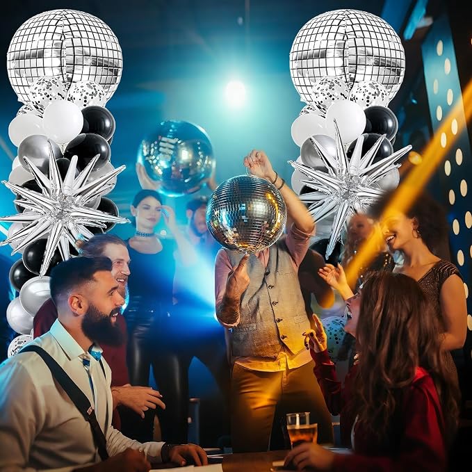 2 Sets Disco Balloon Column Stand Kits Adjustable Black and Silver Balloons Column Kit with Disco Ball Explosion Star 80s Party Themed Tower Stand Kit for Birthday Party Retro Dance Supplies