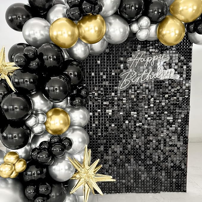 Black Shimmer Wall Backdrop,Shiny Sequins,48Pcs Sequins Backdrop Panels,Glitter Bling Photo Background for Birthday Party Wedding Engagement Anniversary Graduation (Each 1FT², Total 48FT²)