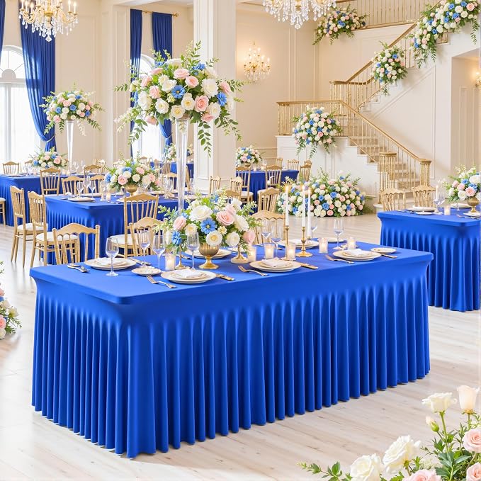 gogoparti 2 Pack Spandex Royal Blue Fitted Table Cloth for 6ft Rectangle Tables Blue Tablecloth Stretch Table Covers Skirt Wrinkle Free Banquet Tablecloths for Parties Wedding