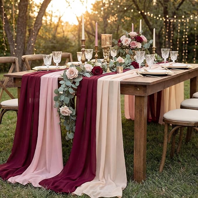 Boao 6 Pcs Burgundy Party Decorations Table Runner Cloth 10Ft Boho Sheer Rustic Fabric for Wedding Birthday Party Baby Bridal Shower Graduation Dawn Sunset Decor