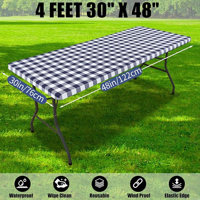Smiry Picnic Table Cloth 4 Pack, Waterproof Elastic Fitted Tablecloths for 4FT Rectangle Tables, Washable Polyester Buffalo Plaid Tablecloth for Camping, Dining & Outdoor (Navy & White, 30" x 48")