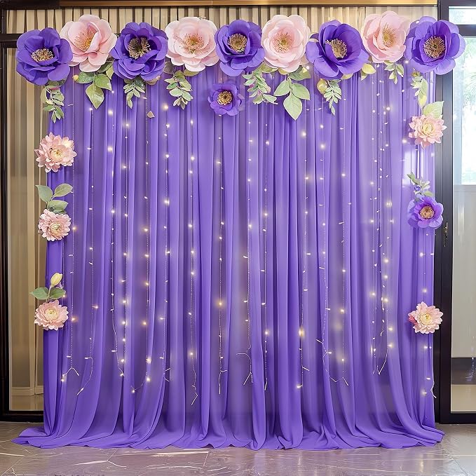 10ft x 7ft Purple Chiffon Backdrop Curtain with Lights String for Parites Wedding Wrinkle Free Curtain Photo Backdrops Drapes for Baby Shower Birthday Party Home Decorations