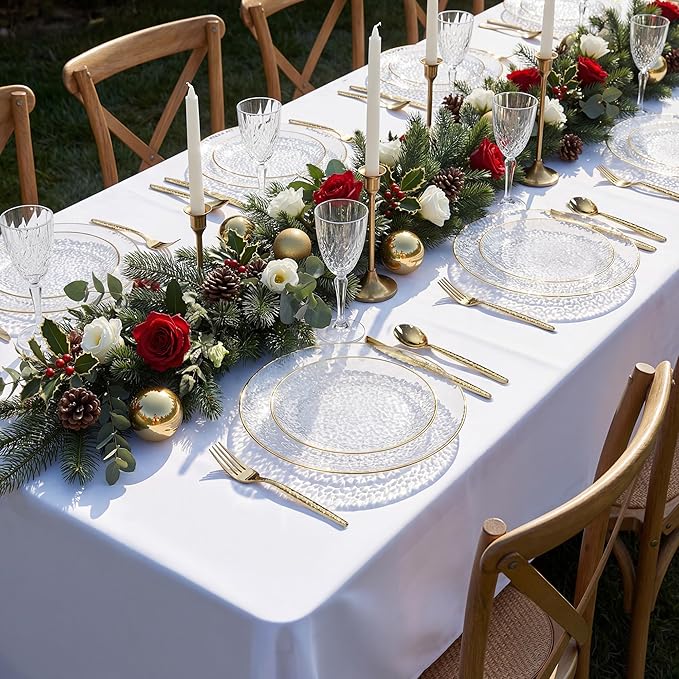 I00000 150Pcs Clear Plastic Plates with Gold Rim,Clear Disposable Plates with silverware,Gold hammer patterned plates Set include 30 Dinner Plate,30 Dessert Plate,90 Silverware Set for Party
