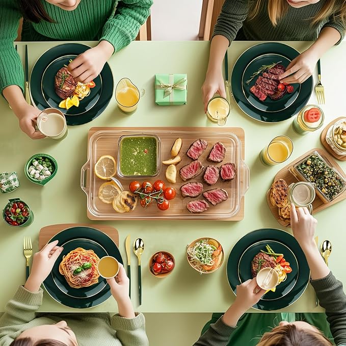 350 Pieces Green Gold Plastic Dinnerware Set, Gold Disposable Plates for Party, Include 100 Green Plates with 150 Plastic Cutlery, 50 Napkins and 50 Cups