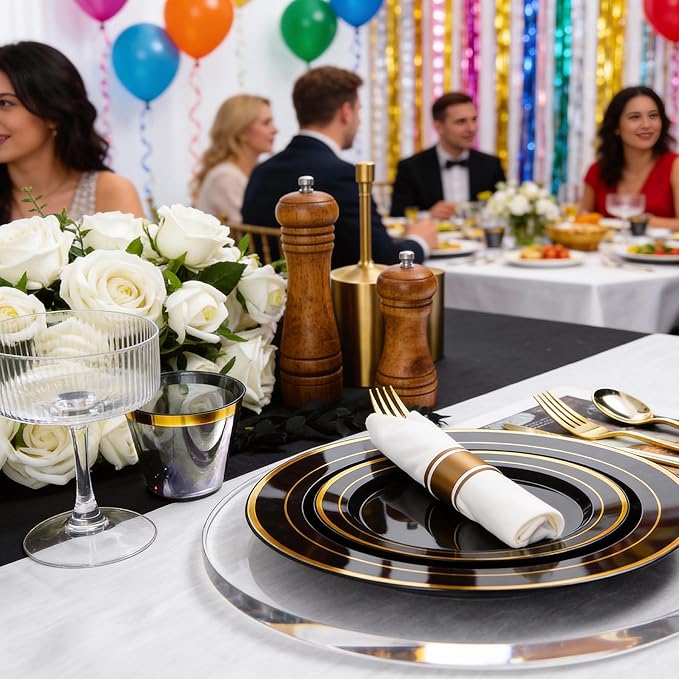 N9R 350 PCS Black Plastic Dinnerware Set for 50 Guests, Gold Plastic Plates, Disposable Plate for Party, Include: 50 Dinner & Dessert Plates, 50 Pre Rolled Napkins with Silverware and 50 Cups