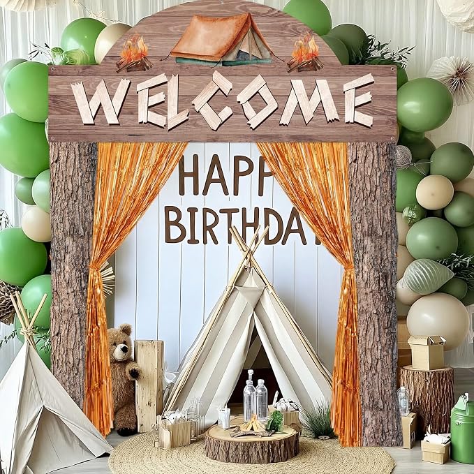 Peryiter 5 Pcs Camping Party Decorations Set, Camp Welcome Arch Banners, Orange Foil Fringe Curtains, Double-sided Tape for Campfire Theme Birthday, Photo Booth & Entrance Backdrop Birthday Decoration