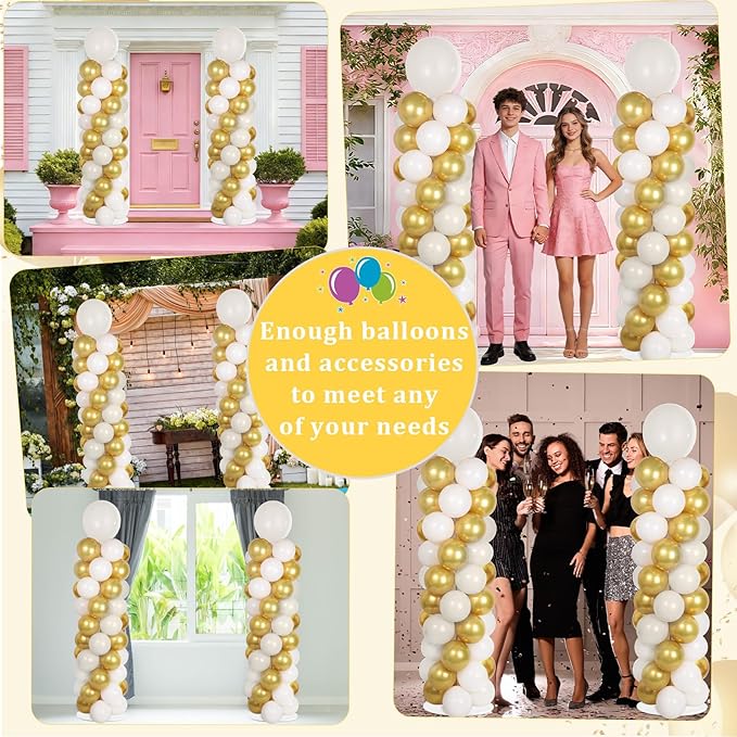 2 Sets Retro Sand White Gold Balloon Column Stand Kit with 100 Balloons Adjustable Balloon Tower Stand with Bases for Floor Balloons Column Kit for Graduation Birthday Appreciation Party Decor
