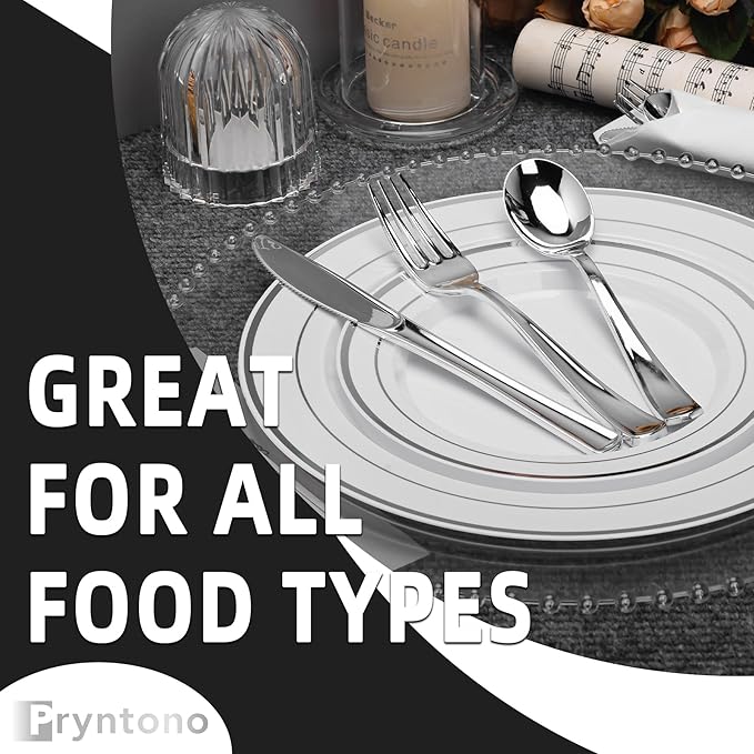 175 PCS White and Silver Plastic Dinnerware Set for 25 Guests, Disposable Party Plates for 25 Guests, Include: 50 Plastic Plates, 25 Pre Rolled Napkins with Silver Silverware, 25 Cups