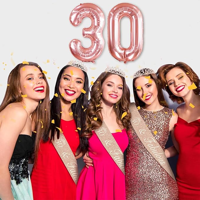 30th Birthday Decorations for Her, Including 30th Birthday Sash and Tiara, Cake Topper and Candles, Number Balloons, 30 Year Old Gifts for Women