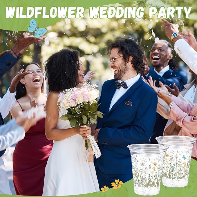 Hushee Wildflower 60 Pcs Party Cups 16 oz Plastic Disposable Drinking Cups for Birthday Love Baby in Bloom Baby Shower Summer Fresh off The Market Bridal Shower Decorations Supplies