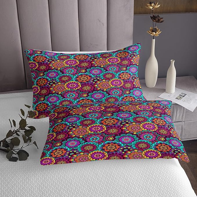 Bohemian Flowers Sheet Set Queen Size Watercolor Mandala Floral Boho Style Bedding Set for Kids Teens Women Room Decor Exotic Rustic Plant Luxury Deep Pocket Bed Sheet Set 2 Pillowcase,Polyester