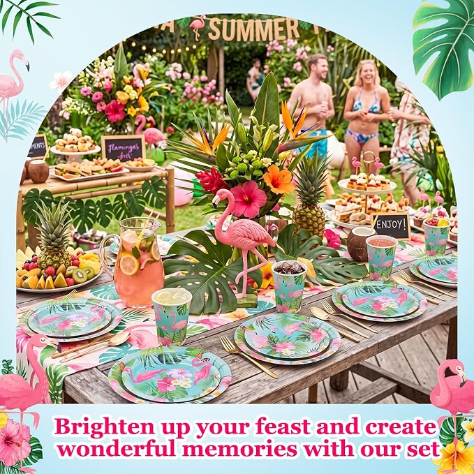 Pickmesh 250 Pcs Summer Flamingo Disposable Tableware Set Hawaiian Luau Party Supplies Tropical Paper Plates Napkins and Cups for Summer Beach Aloha Baby Shower Birthday Pool Party, Serve 50 Guest