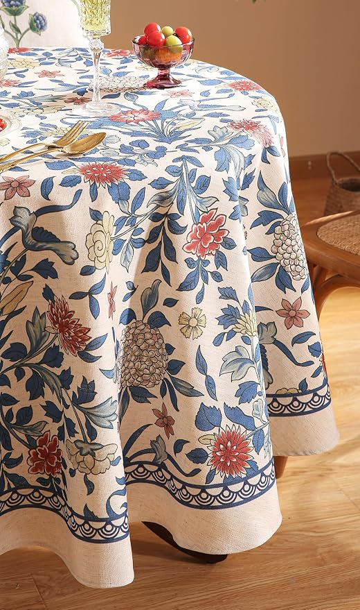 patdrea Vintage French Linen Tablecloth,Round,Diameter 67"-Ivar A | Elegant Colorful Table Cloth for Round Table,Blue and White Floral Patterned,Dining Room Tea Party Thanksgiving