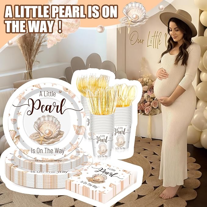 168 Pcs A Little Pearl Is on The Way Baby Shower Decorations Under The Sea Baby Shower Decorations Shell Mermaid Ocean Theme Party Decor Gender Reveal Disposable Tableware Set Serve 24