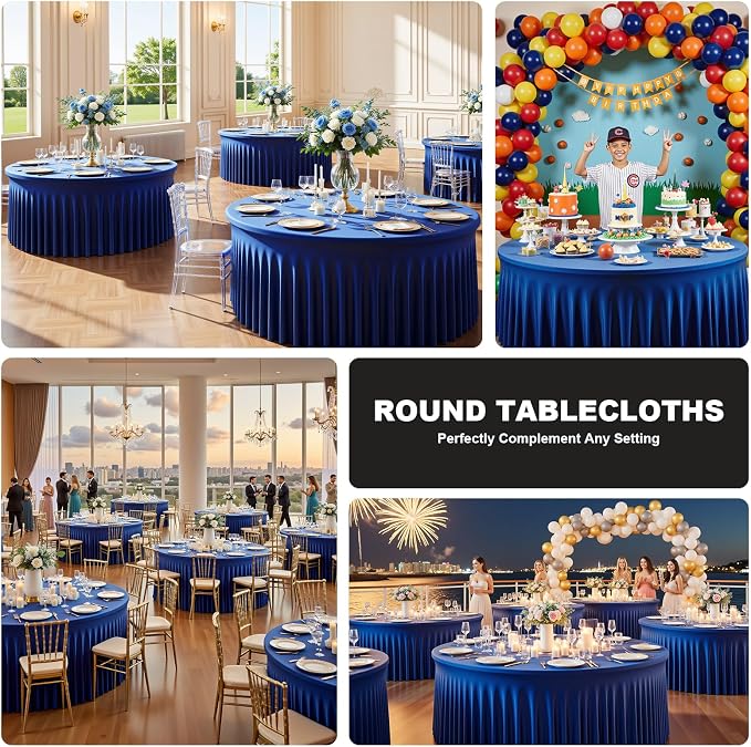 2 Pack Royal Blue 72 inch Round Spandex Tablecloth, Washable Stretchy Fitted 6FT Round Tables,Elastic Edge with Skirt, Wrinkle-Free Table Cloths for Wedding Banquet Party Birthday Buffet