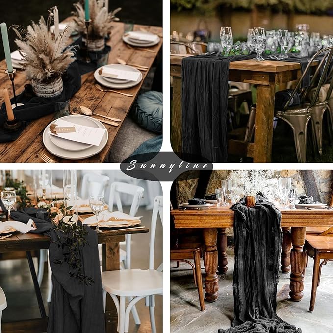 Black 6 Pcs Cheesecloth Table Runner 10FT Gauze Fabric Boho Cheese Cloth Table Runner Decoration Rustic Semi Sheer Runner for Wedding Birthday Baby Bridal Shower Party Table (35 x 120 Inches Long)