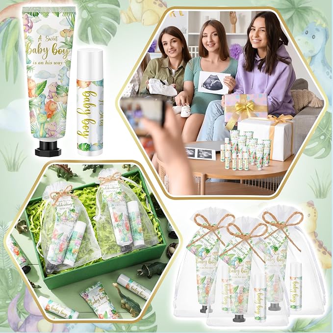 Lounsweer 24 Sets Dinosaur Baby Shower Favors for Guests Sweet Baby Boy Dino Party Favor Set with Hand Cream and Lip Balm Travel Size Lotion Gift with Thank You Cards