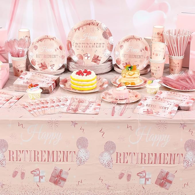 Funnymoom 452 Pcs Retirement Party Decorations for Women, Rose Gold Happy Retirement Paper Plates Napkins Cups Tablecloth Cutlery Straws for Women Say Goodbye Party Supplies, Serves 50 Guests