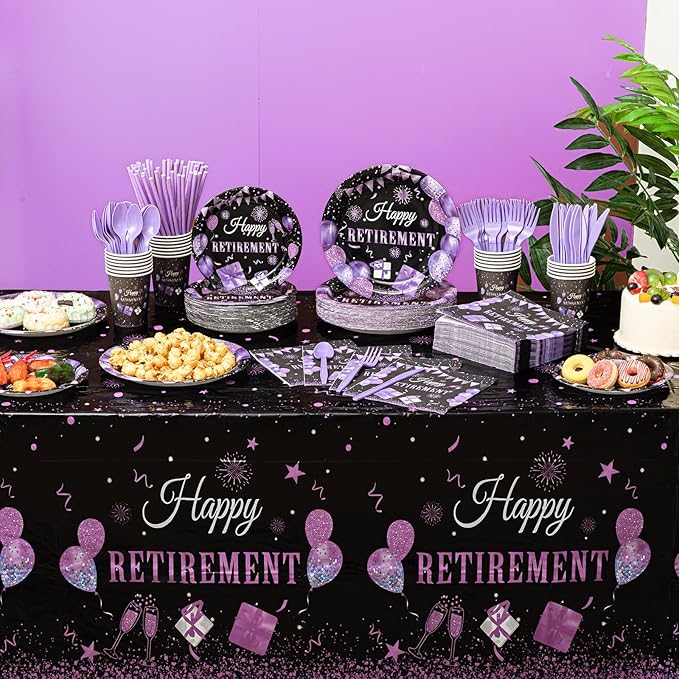 Funnymoom 452 Pcs Retirement Party Decorations Supplies Set Include Purple and Black Retirement Paper Plates Napkins Cups Tablecloth Cutlery Straws for Men Women Say Goodbye Party